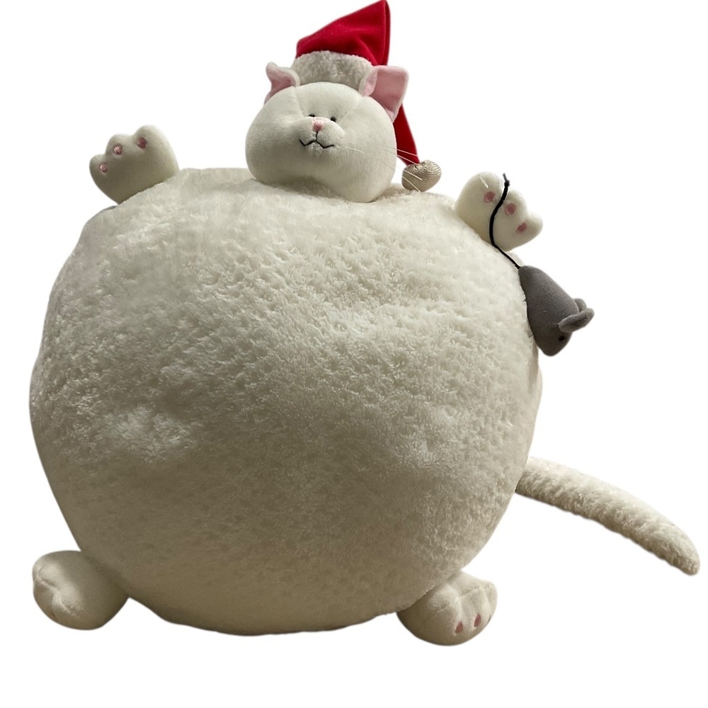 Furballs Plump Chubby White Round Santa Cat Plush 16in stuffed animal